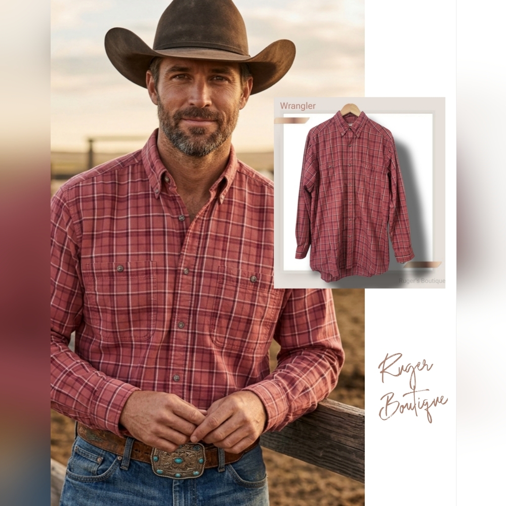 🌿Wranglers Rugged Wear Mens LT Longsleeve Red Gray Plaid Button Down Shirt